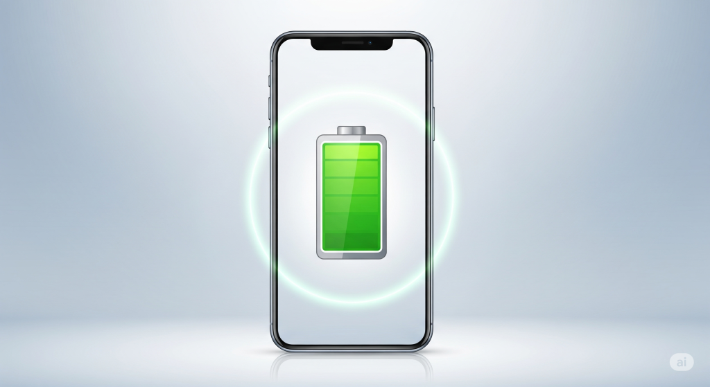 A stylized illustration of a smartphone with a full, glowing green battery icon, representing a long-lasting and optimized charge.