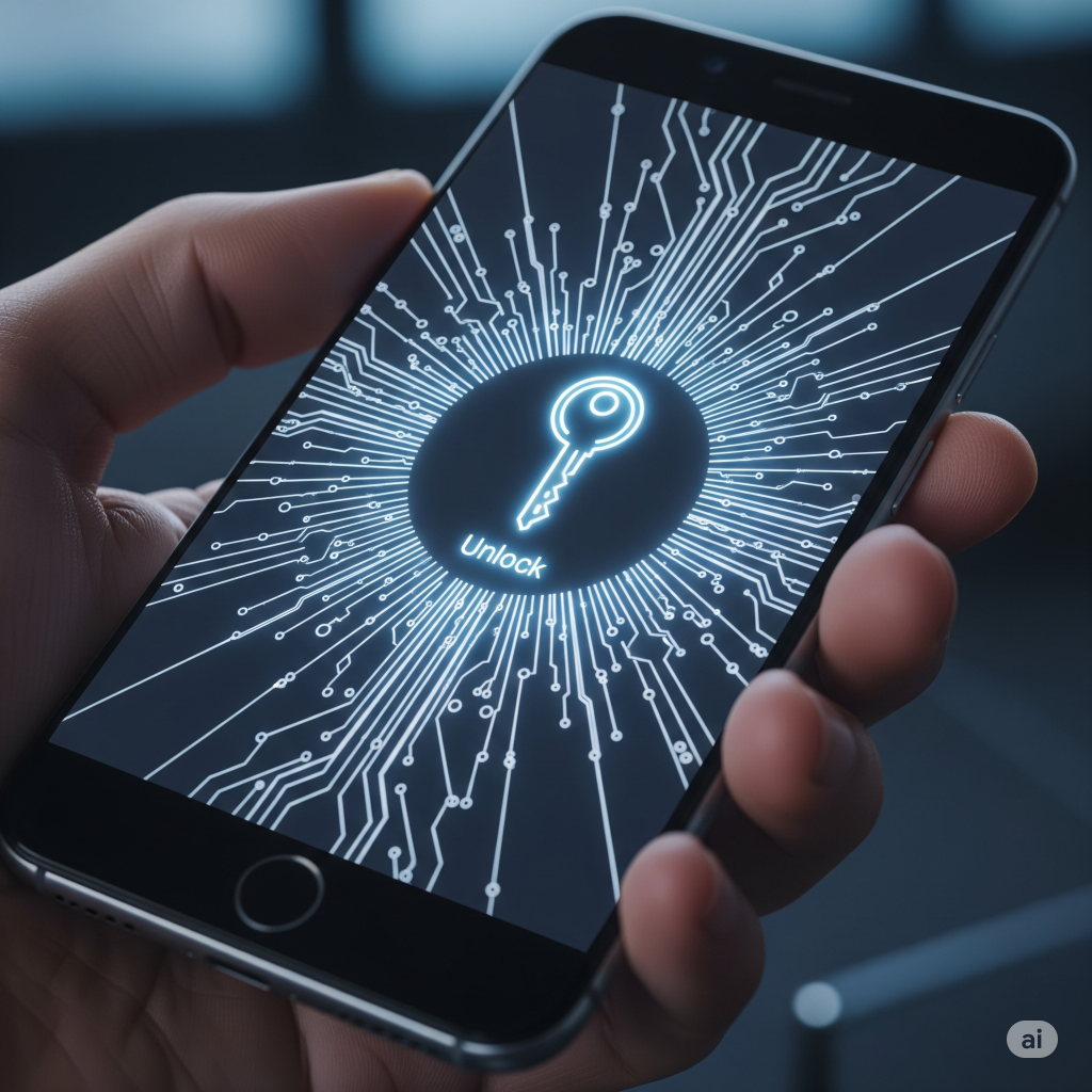 A hand holding a smartphone with a glowing key icon on the screen, with glowing lines radiating outwards, representing the act of unlocking hidden features.