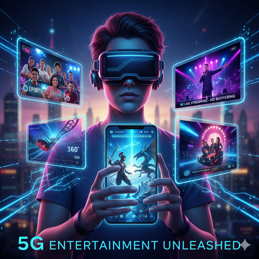 How 5G Will Transform Mobile Usage in 2025 3 A person wearing a futuristic VR headset, holding a smartphone displaying a fantasy game, surrounded by holographic screens showing diverse mobile entertainment experiences like esports, 8K live streaming, 360-degree video, and immersive gaming. The text "5G ENTERTAINMENT UNLEASHED" is at the bottom.