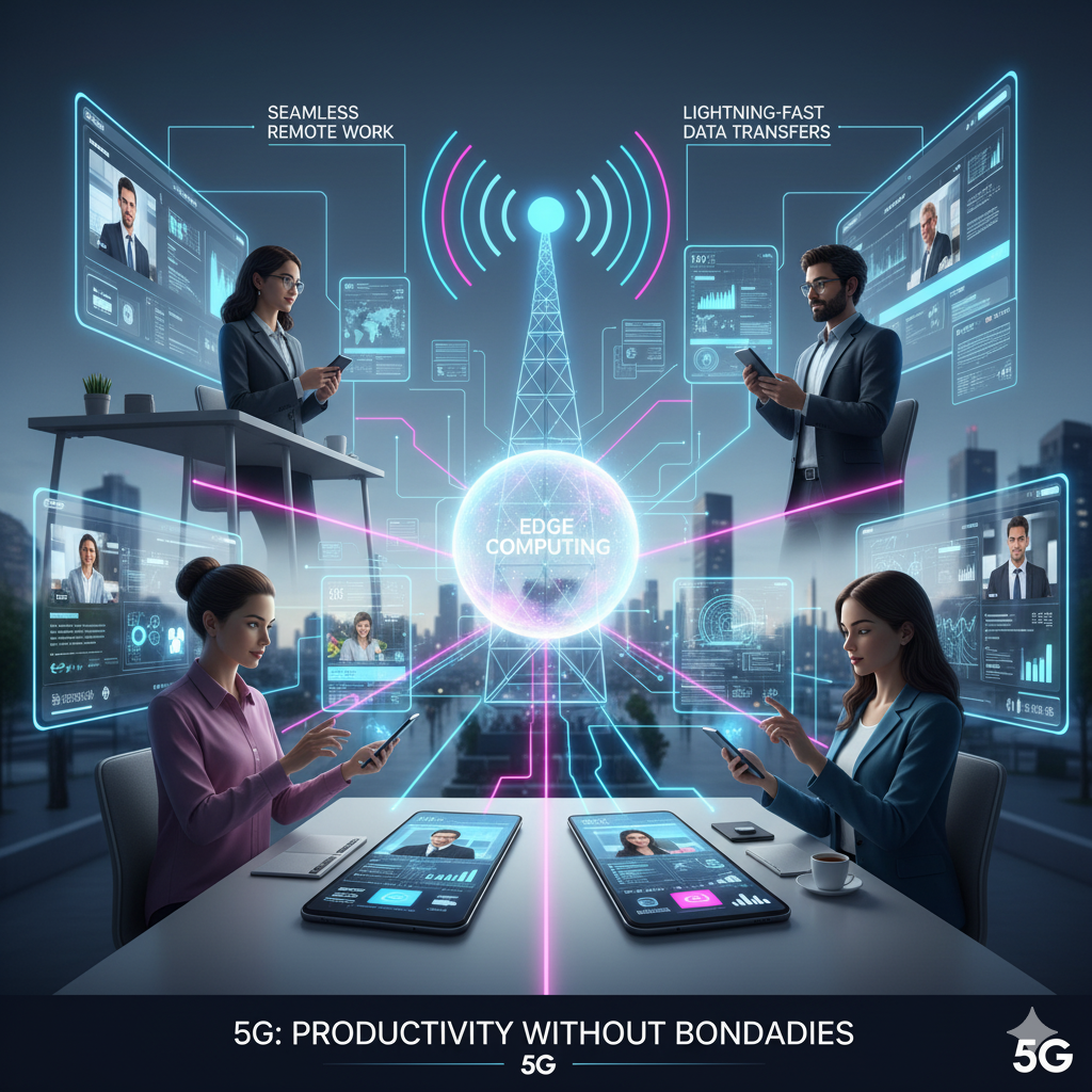 How 5G Will Transform Mobile Usage in 2025 5 A group of professionals engaging in various remote work activities like video conferencing and data analysis using smartphones and tablets, all connected by glowing lines to a central "EDGE COMPUTING" sphere and a 5G tower, emphasizing seamless remote work and lightning-fast data transfers. The text "5G: PRODUCTIVITY WITHOUT BOUNDARIES" is at the bottom.