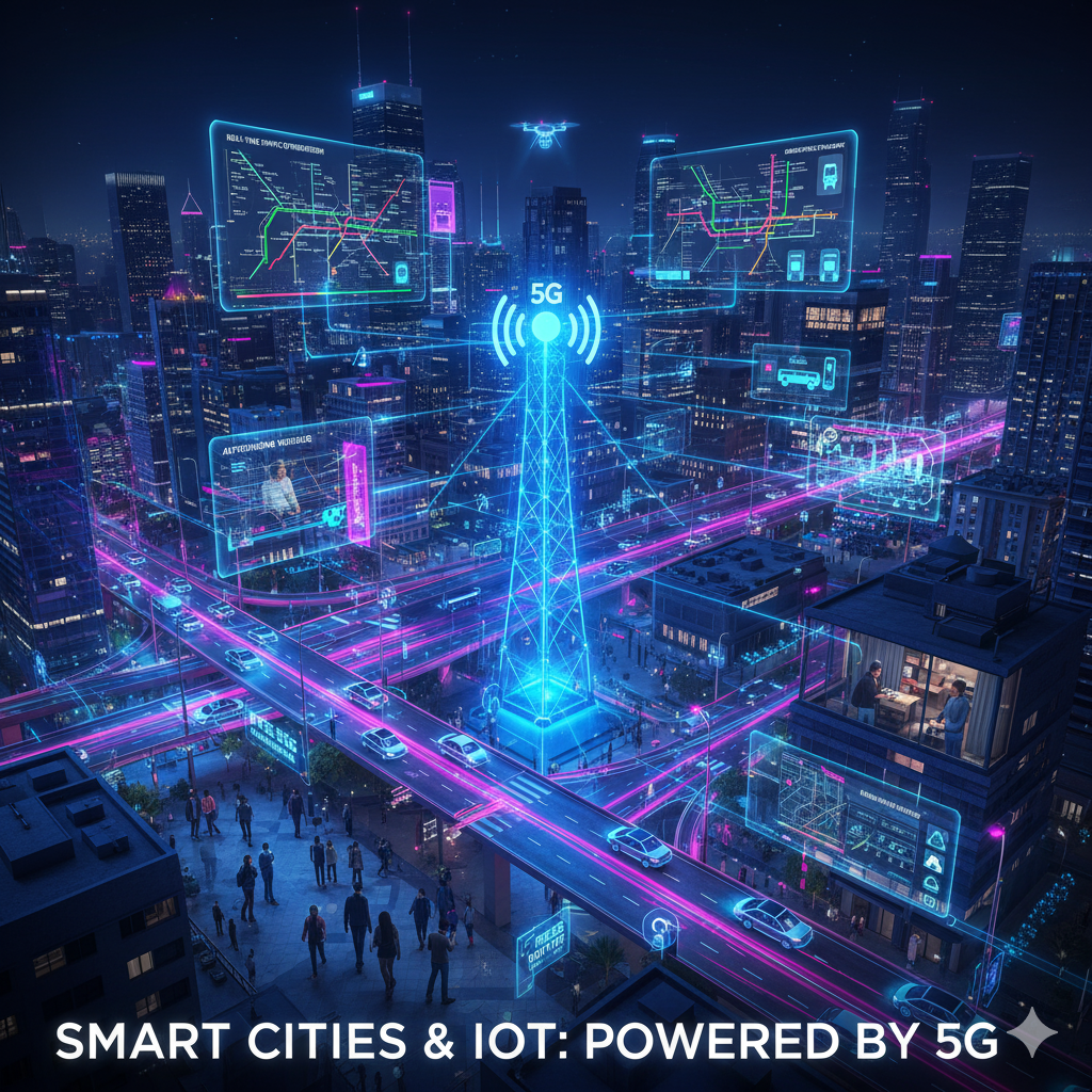 How 5G Will Transform Mobile Usage in 2025 6 An aerial view of a futuristic smart city at night, illuminated by neon lights, with a prominent 5G tower at its center. Digital lines connect various elements like autonomous vehicles, drones, smart buildings, and real-time traffic updates, illustrating extensive IoT integration and smart city functionalities powered by 5G. The text "SMART CITIES & IOT: POWERED BY 5G" is at the bottom.