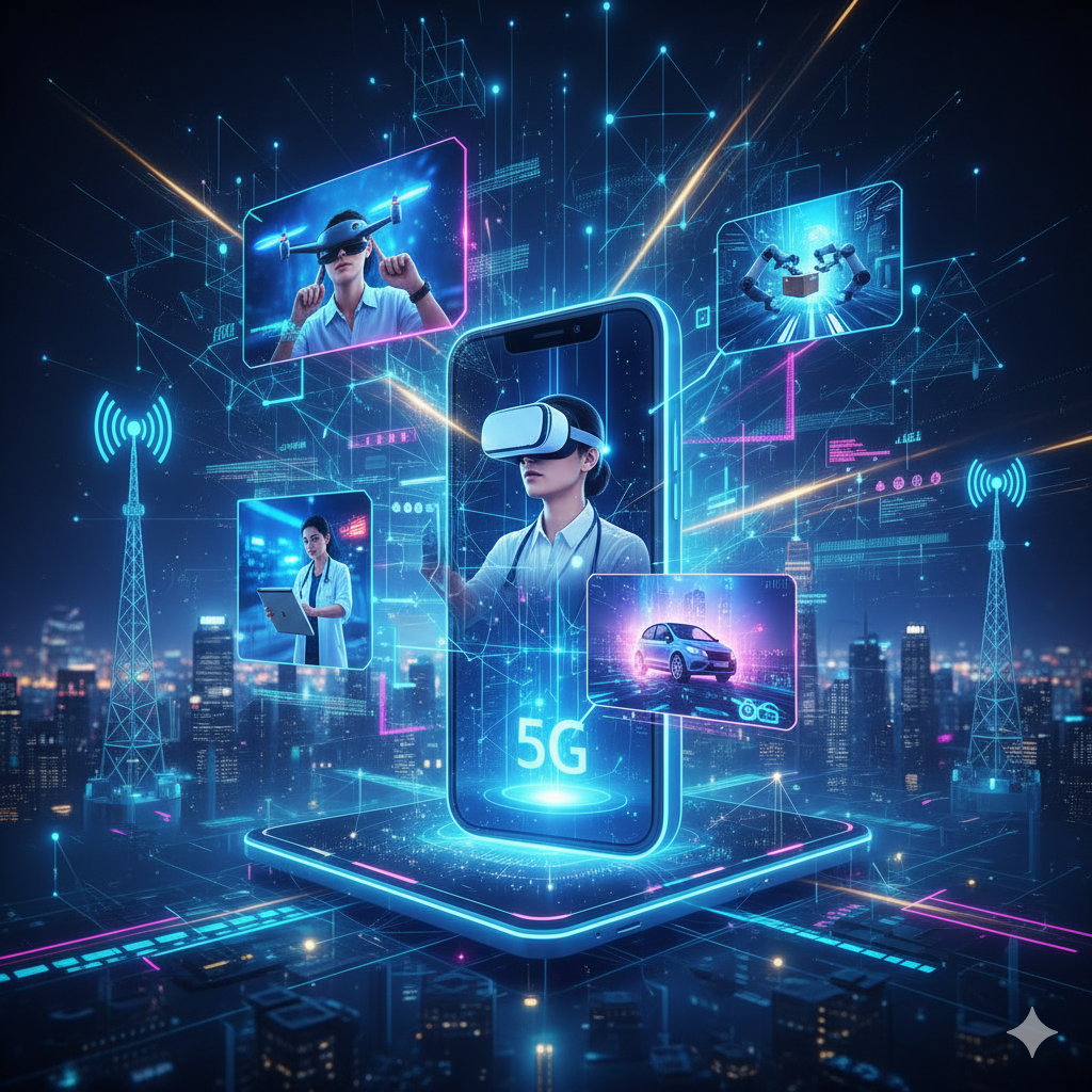 A futuristic city skyline at night with glowing blue lines connecting various digital elements like a smartphone displaying "5G," VR headsets, a drone, and an autonomous car, symbolizing the widespread impact of 5G technology.