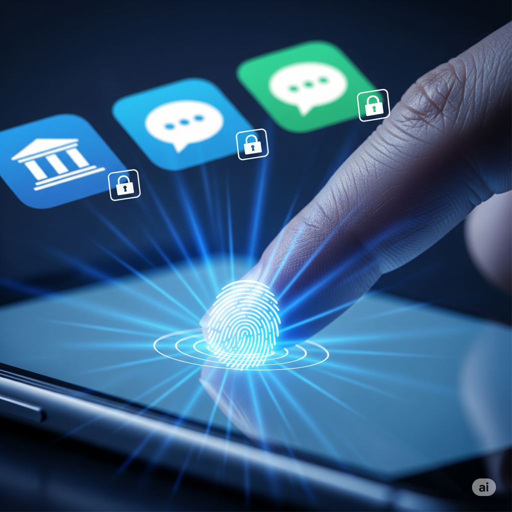 Your Ultimate 2025 Guide to Mobile Privacy: Lock Apps, Hide Photos & Stop Tracking (Android & iOS) 4 Using a fingerprint scan on a smartphone to biometrically unlock and secure individual apps like banking and social media for enhanced security.
