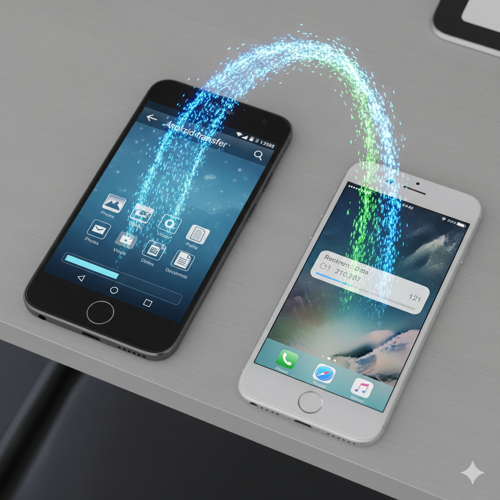 How to Transfer Data from Old Phone to New Phone: The Ultimate Step-by-Step Guide 5 An Android smartphone and an iPhone with a visual data stream flowing between them, representing a cross-platform transfer.