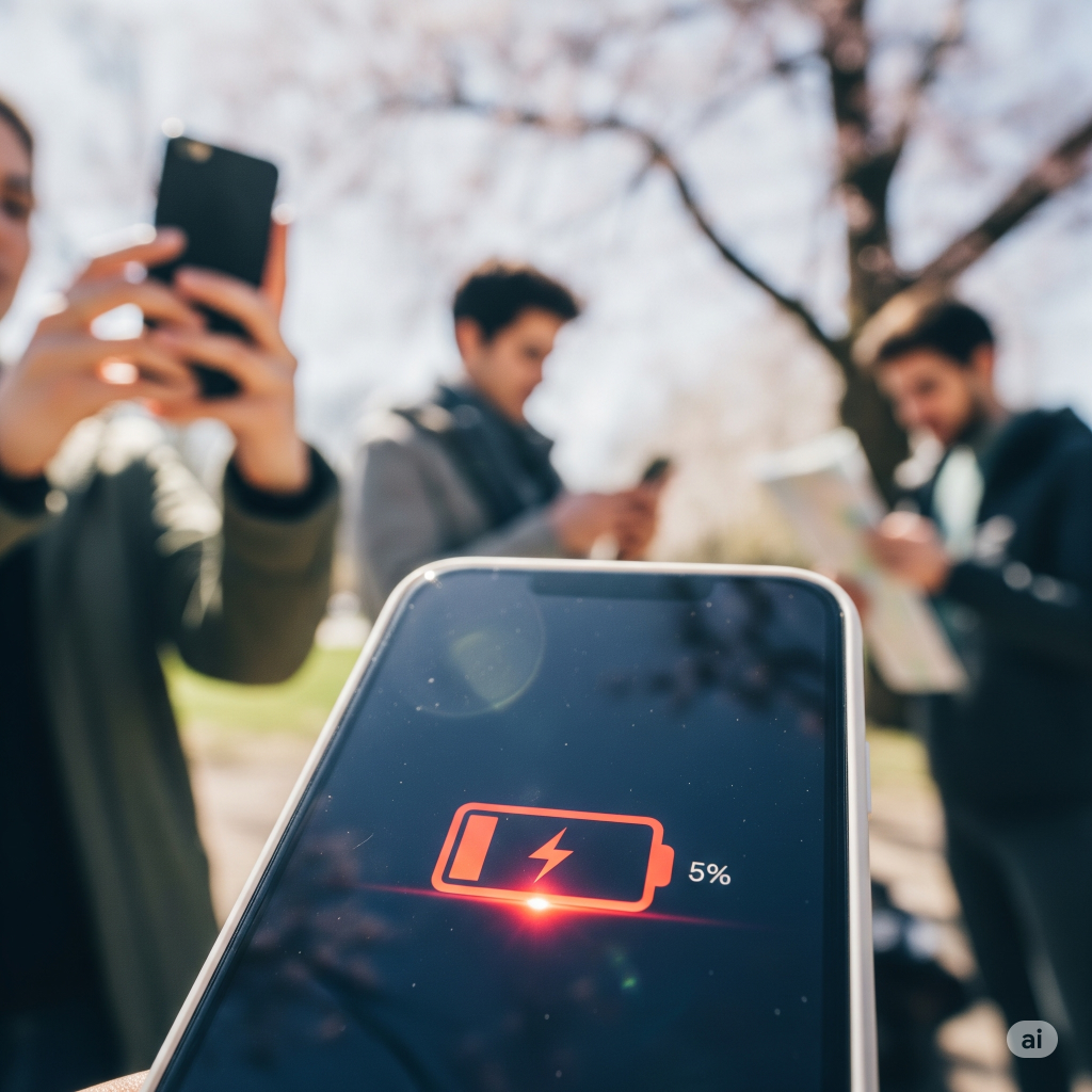 A close-up of a smartphone screen showing a red, flashing low battery icon (5%) against a blurred background of people using their phones for everyday tasks like taking a picture or using a map. The image evokes a sense of urgency.