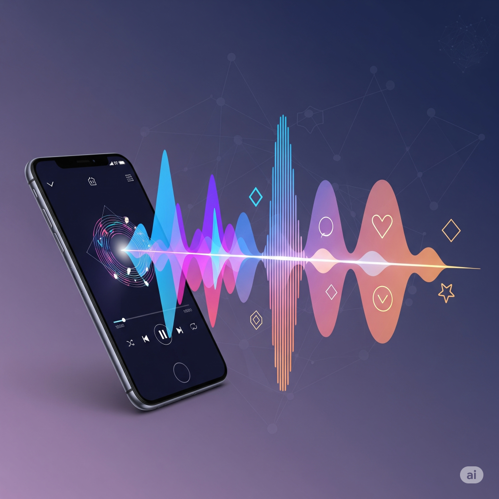 An elegant image showing a smartphone with a sound wave emanating from its speaker. The sound wave is a dynamic mix of colors and shapes, including a heart and star, symbolizing personalization and individuality.