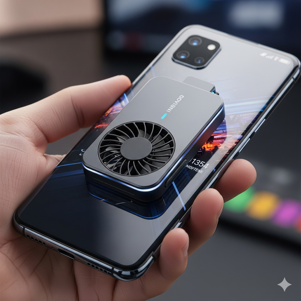 Mobile Overheating Solutions: A Comprehensive Guide to Cooling Down Your Phone 5 A close-up shot of a smartphone with a small, sleek external cooling fan attached to its back, highlighting an advanced solution.