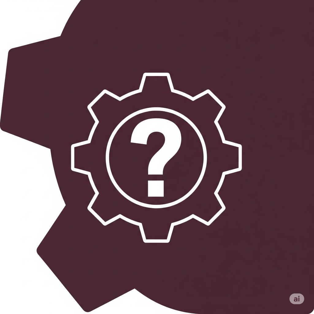  A simple white outline of a question mark inside a gear icon on a dark purple background, representing troubleshooting and problem-solving.