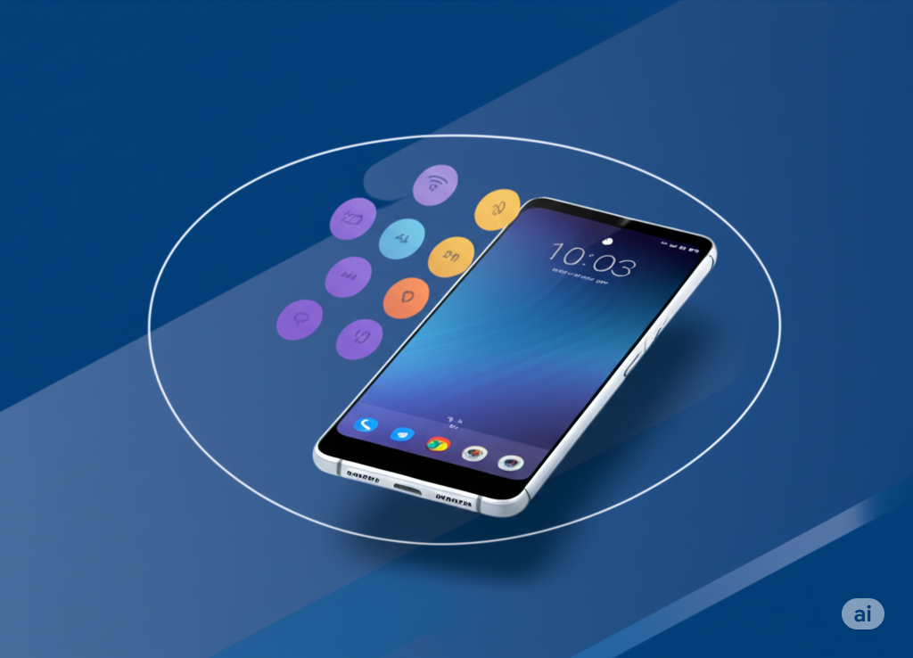 A 3D illustration of a smartphone on a blue background, with various abstract icons representing different types of network connections floating around it in a circle.