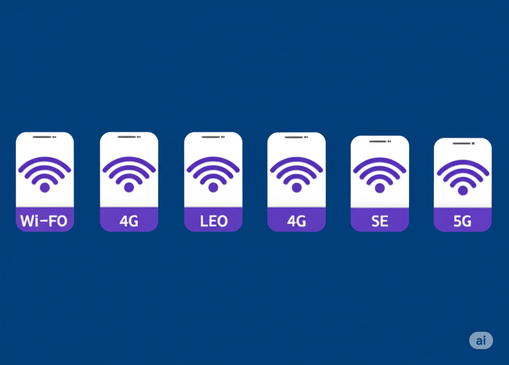  A series of icons for mobile phones showing different network generations (Wi-Fi, 4G, 5G) represented by signal bars.