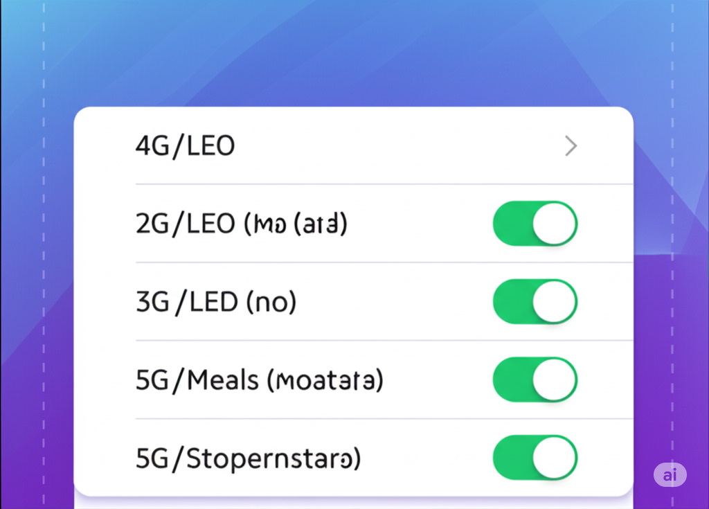 Mobile Network Settings
A close-up view of a smartphone screen showing a menu with toggles for different cellular network options like 2G, 3G, and 5G.