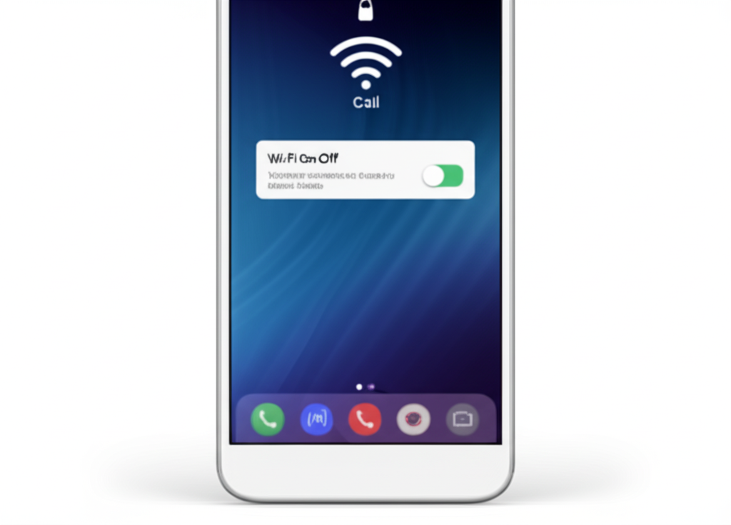 A smartphone screen displaying a "Wi-Fi Calling" toggle switch and a Wi-Fi signal icon, with a call button visible below.