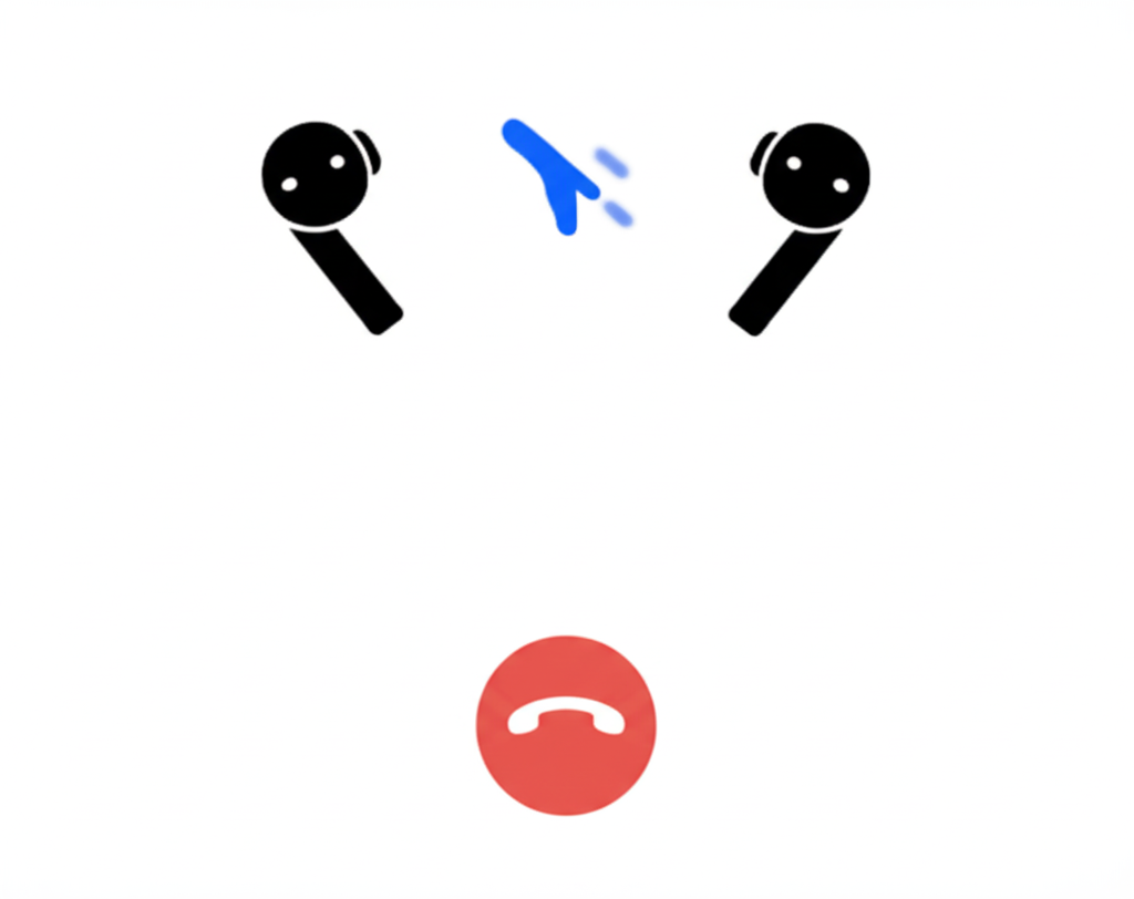 A simple graphic showing a pair of wireless earbuds and a cursor icon pointing towards them, with a red call-end icon below.