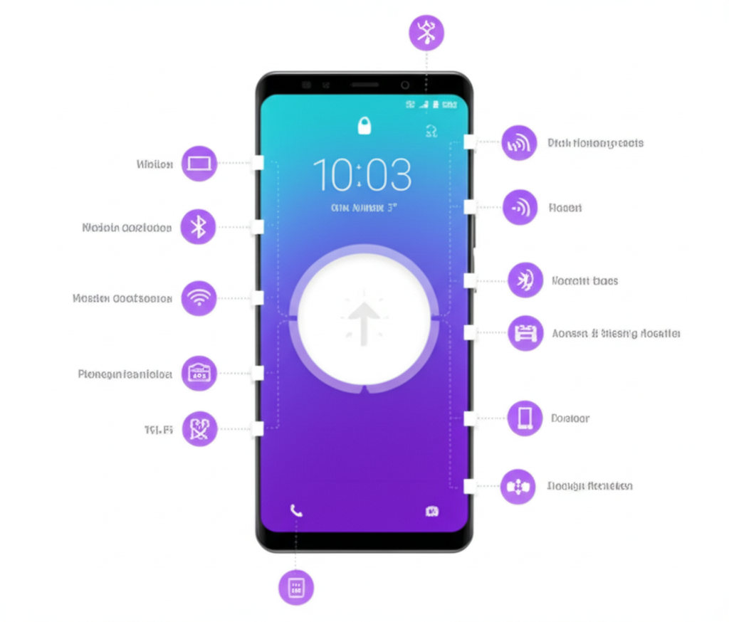 A diagram of a smartphone with various network and connectivity icons like Wi-Fi, Bluetooth, and cellular data arranged around it, connected by lines, representing a central hub for all connections