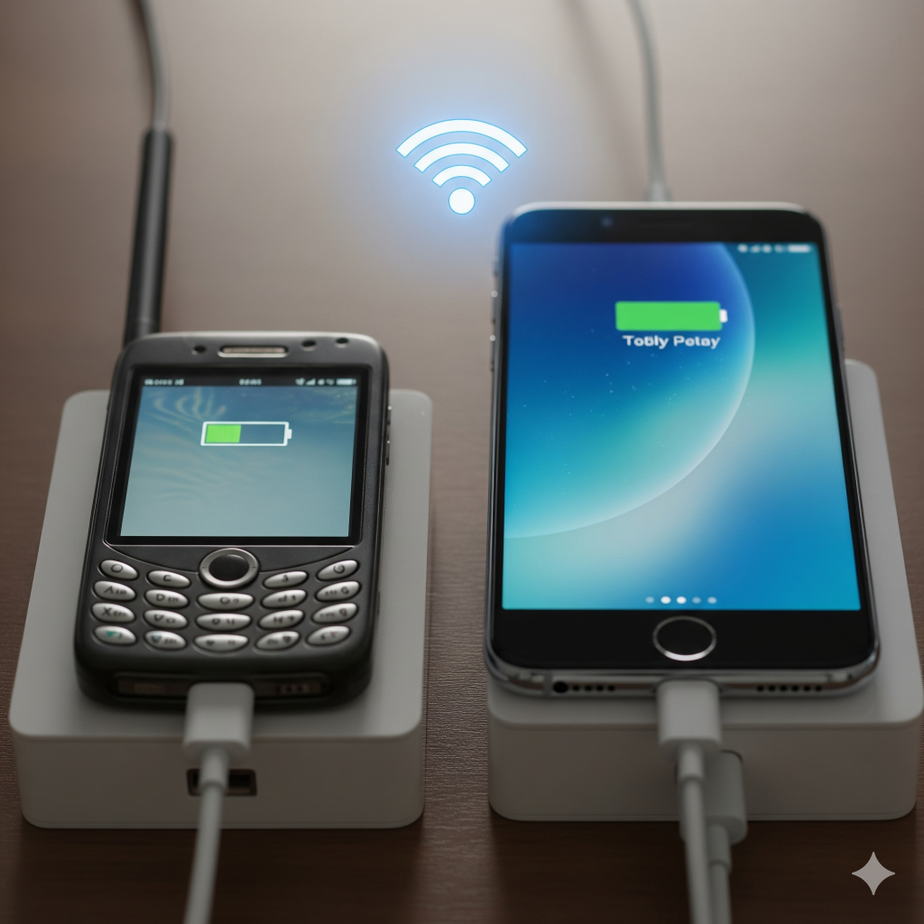 How to Transfer Data from Old Phone to New Phone: The Ultimate Step-by-Step Guide 2 A side-by-side view of an old and new smartphone, both plugged into chargers, with a Wi-Fi symbol hovering between them.