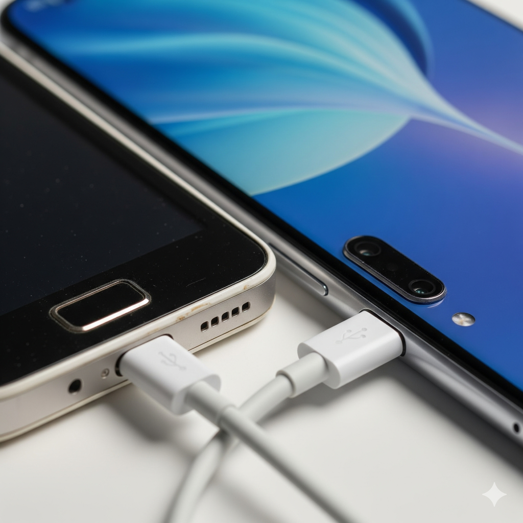 How to Transfer Data from Old Phone to New Phone: The Ultimate Step-by-Step Guide 3 transfer data:A close-up shot of two smartphones, an old one and a new one, connected by a USB-C cable.