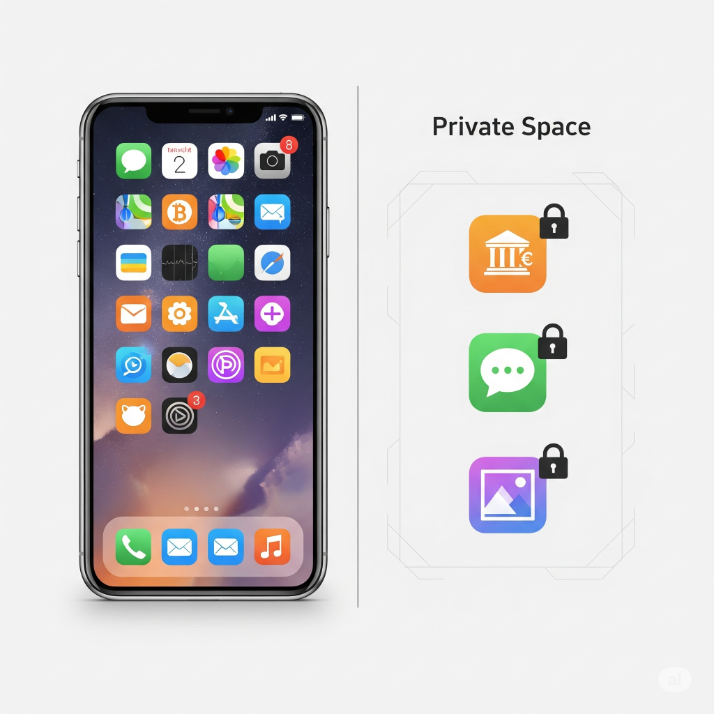 Your Ultimate 2025 Guide to Mobile Privacy: Lock Apps, Hide Photos & Stop Tracking (Android & iOS) 2 A diagram showing how built-in phone features like Private Space can lock specific apps in a secure, hidden area, separating them from the main home screen.