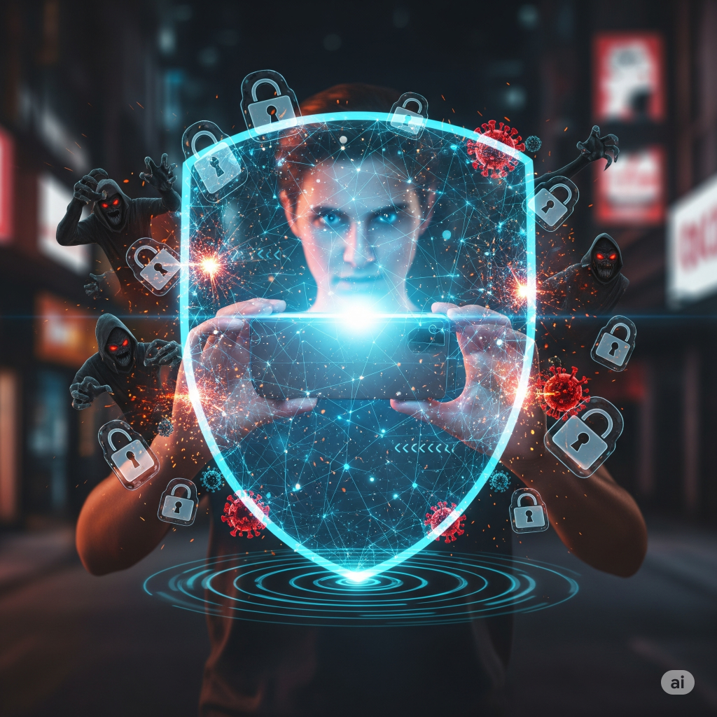 Person holding a phone with a digital shield overlay, shadowy figures and lock icons symbolizing online threats.
