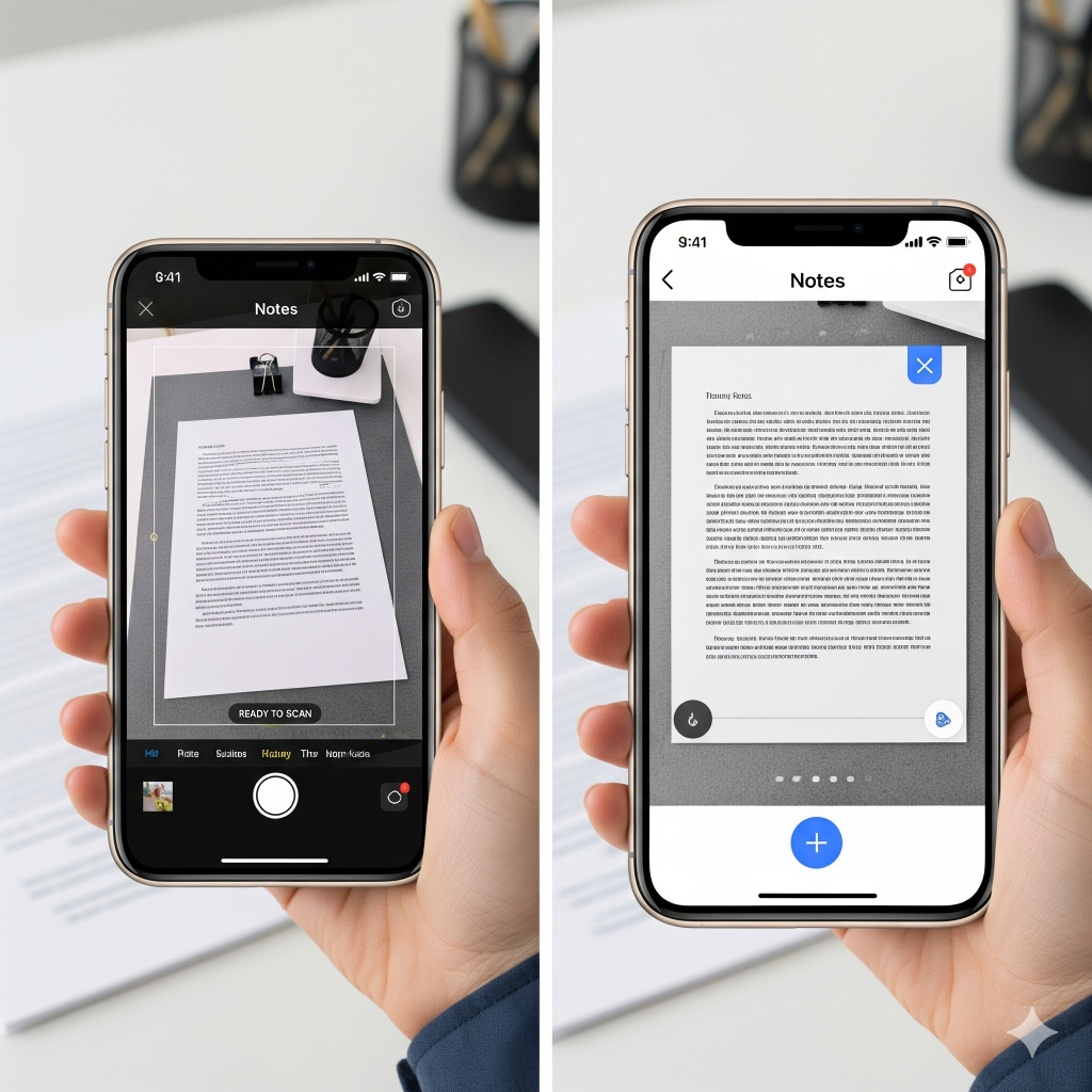 iPhone Hidden Features 2025: The Ultimate Guide to Unlocking Your iPhone's Full Potential 3 A side-by-side view showing an iPhone scanning a document using the Notes app, with the final, digitally scanned document displayed.