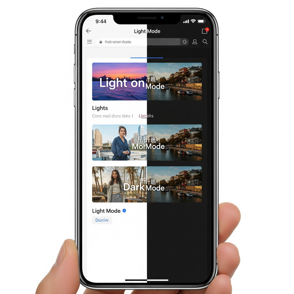 A smartphone screen split vertically. The left half shows a website with a bright, white background (light mode), while the right half shows the same website with a black background (dark mode), highlighting the contrast and power-saving potential.