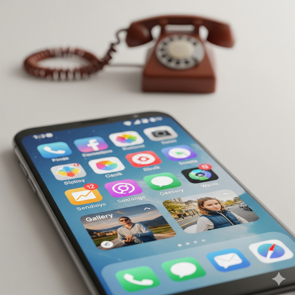 How to Transfer Data from Old Phone to New Phone: The Ultimate Step-by-Step Guide 6 A new, modern smartphone screen filled with various apps and photos, with a small, out-of-focus old phone in the background.