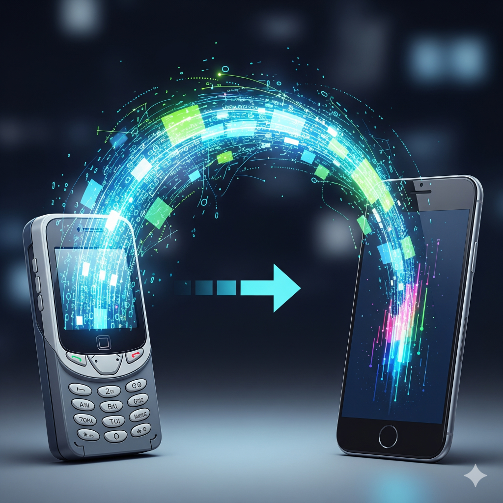 How to Transfer Data from Old Phone to New Phone: The Ultimate Step-by-Step Guide 1 A stylized visual of a glowing data stream flowing from an old, retro-style smartphone to a new, modern smartphone.