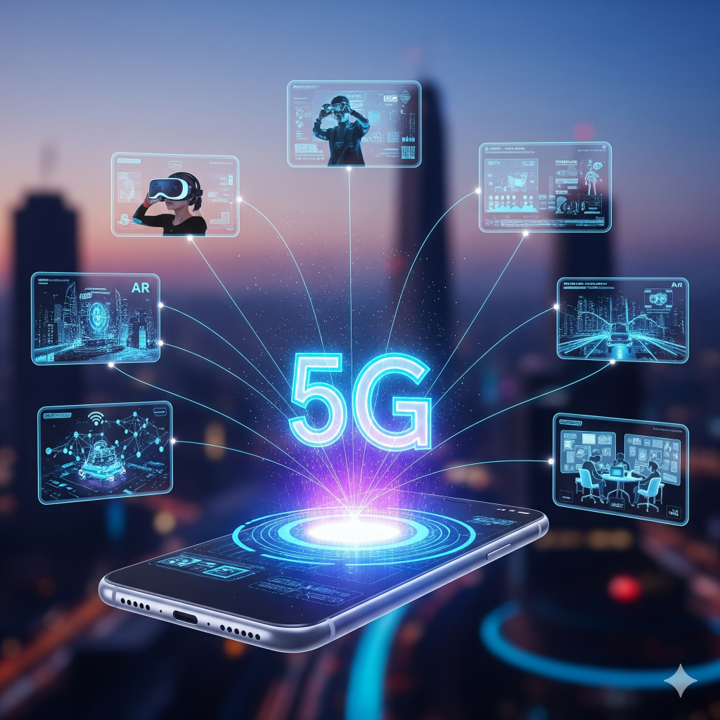 How 5G Will Transform Mobile Usage in 2025 7 A futuristic, vibrant digital landscape with a glowing, stylized 5G symbol at its core, emanating from a transparent smartphone. The symbol connects to holographic interfaces showcasing VR, AR, smart cities, and remote work, illustrating 5G as the backbone for a new era of mobile interaction.