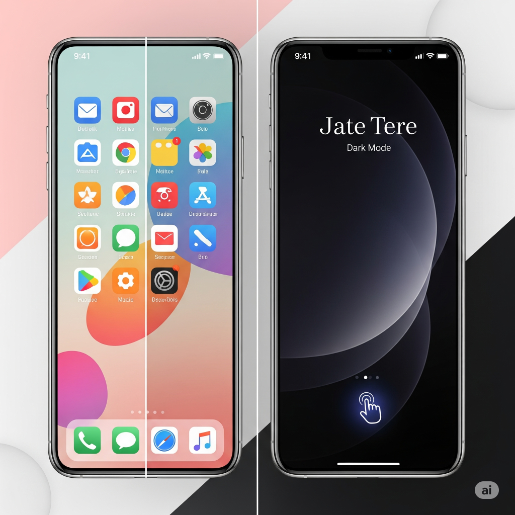 A smartphone demonstrating a split-screen view of light mode and dark mode, highlighting mobile customization options.