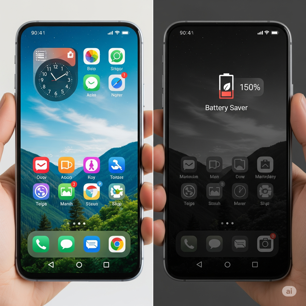 A split-screen image of a smartphone. The left side shows the phone with a bright, full-color screen and a 90% battery. The right side shows the same phone with a dark, muted theme and a low battery (15%) with the battery saver icon, clearly showing the visual difference.