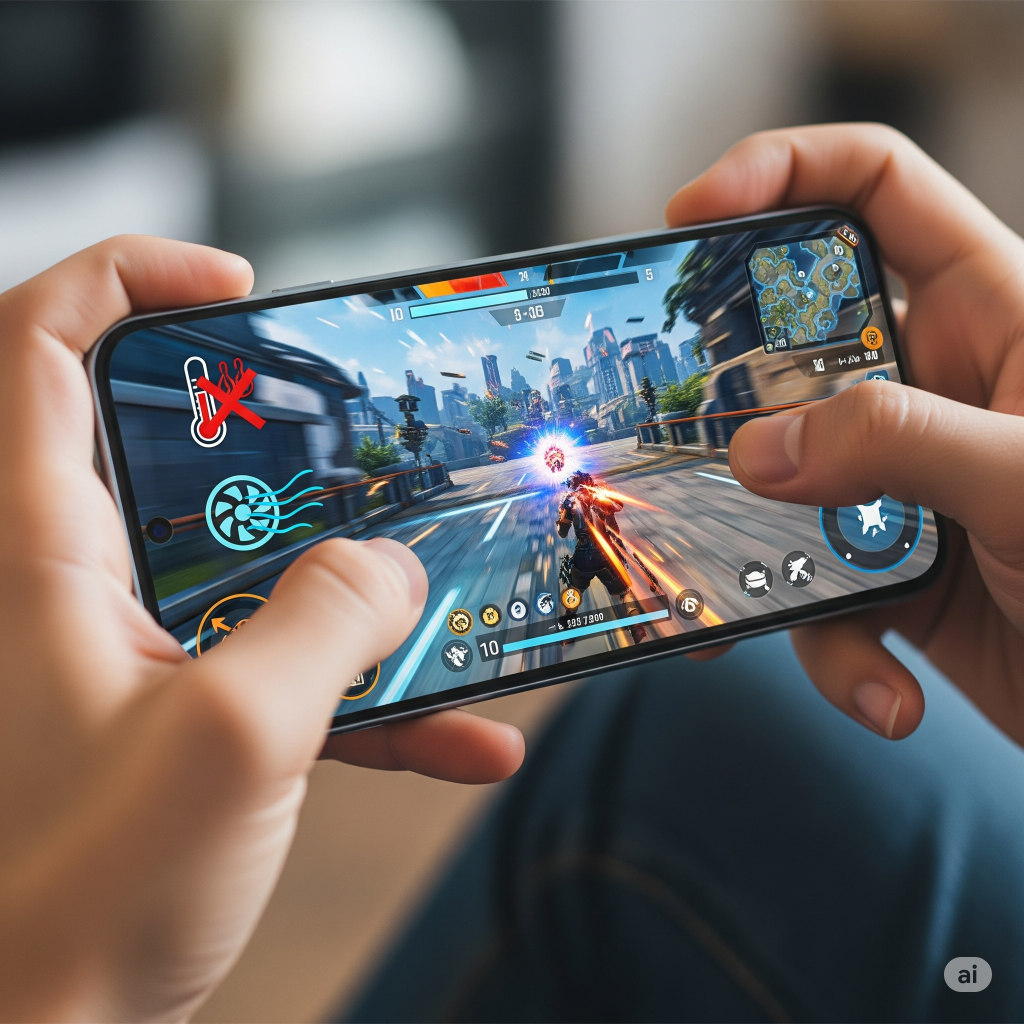A dynamic shot of a person's hands intensely playing a fast-paced mobile game on a phone. The screen shows game graphics along with an icon of a thermometer with a red 'X' and a fan symbol, representing the solution to phone overheating during gaming.