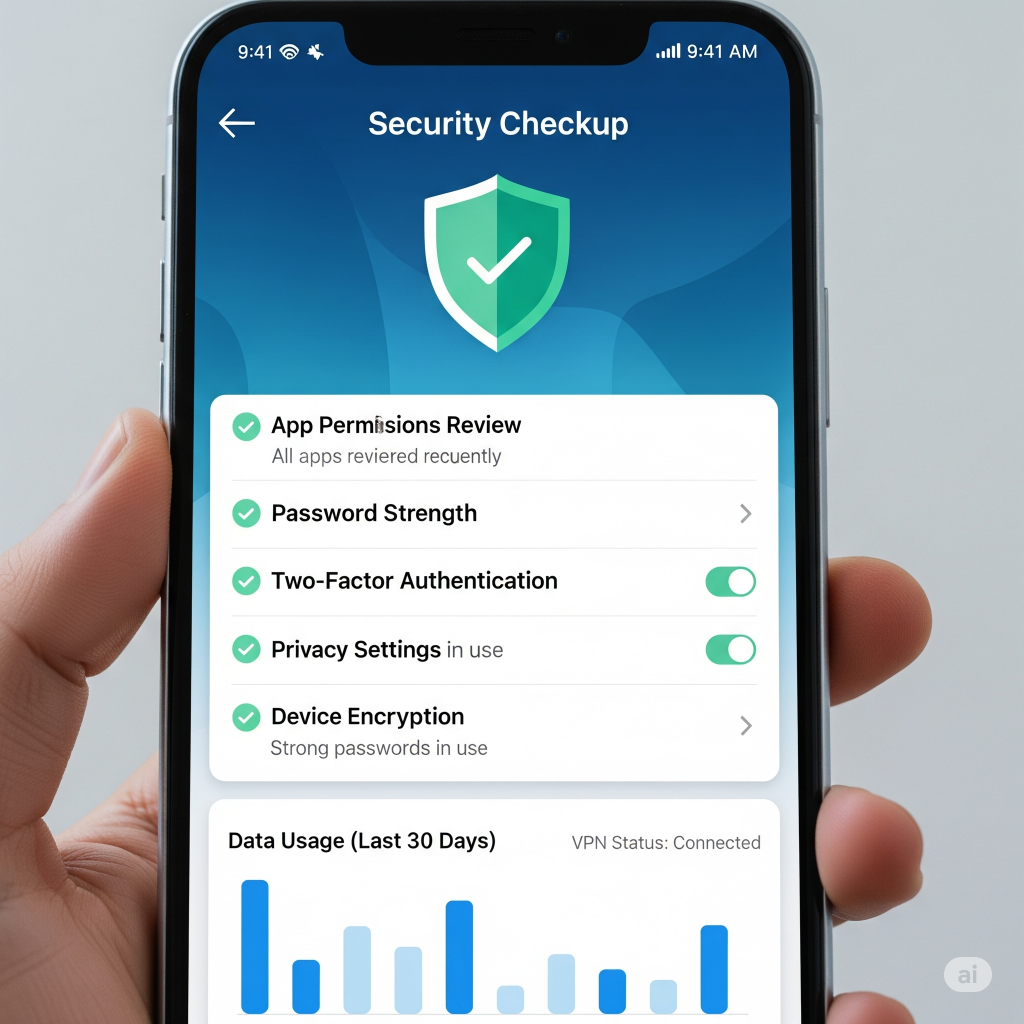 Smartphone screen showing a "Security Checkup" interface with green checks indicating secure settings like app permissions, password strength, and two-factor authentication.