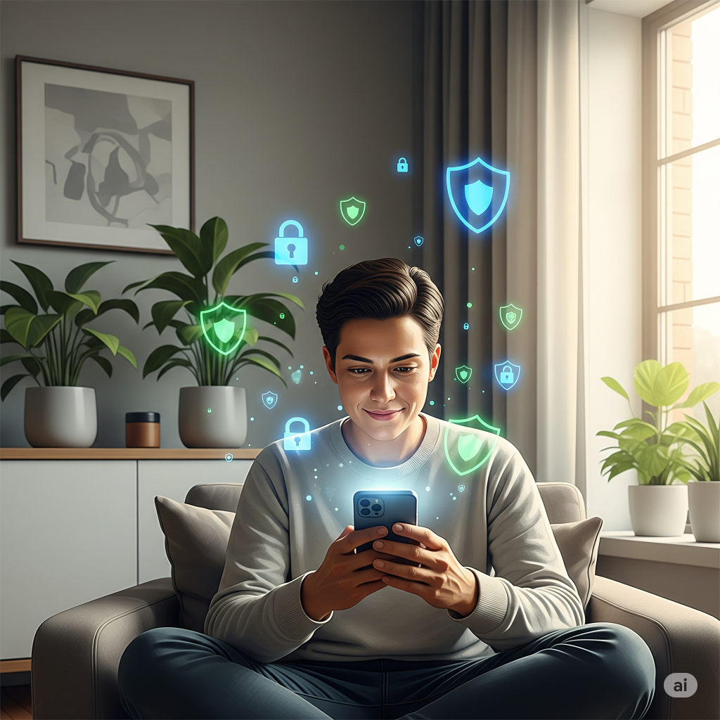 Your Ultimate 2025 Guide to Mobile Privacy: Lock Apps, Hide Photos & Stop Tracking (Android & iOS) 6 A person using their smartphone with confidence and peace of mind, surrounded by glowing security icons, representing complete control over their digital privacy