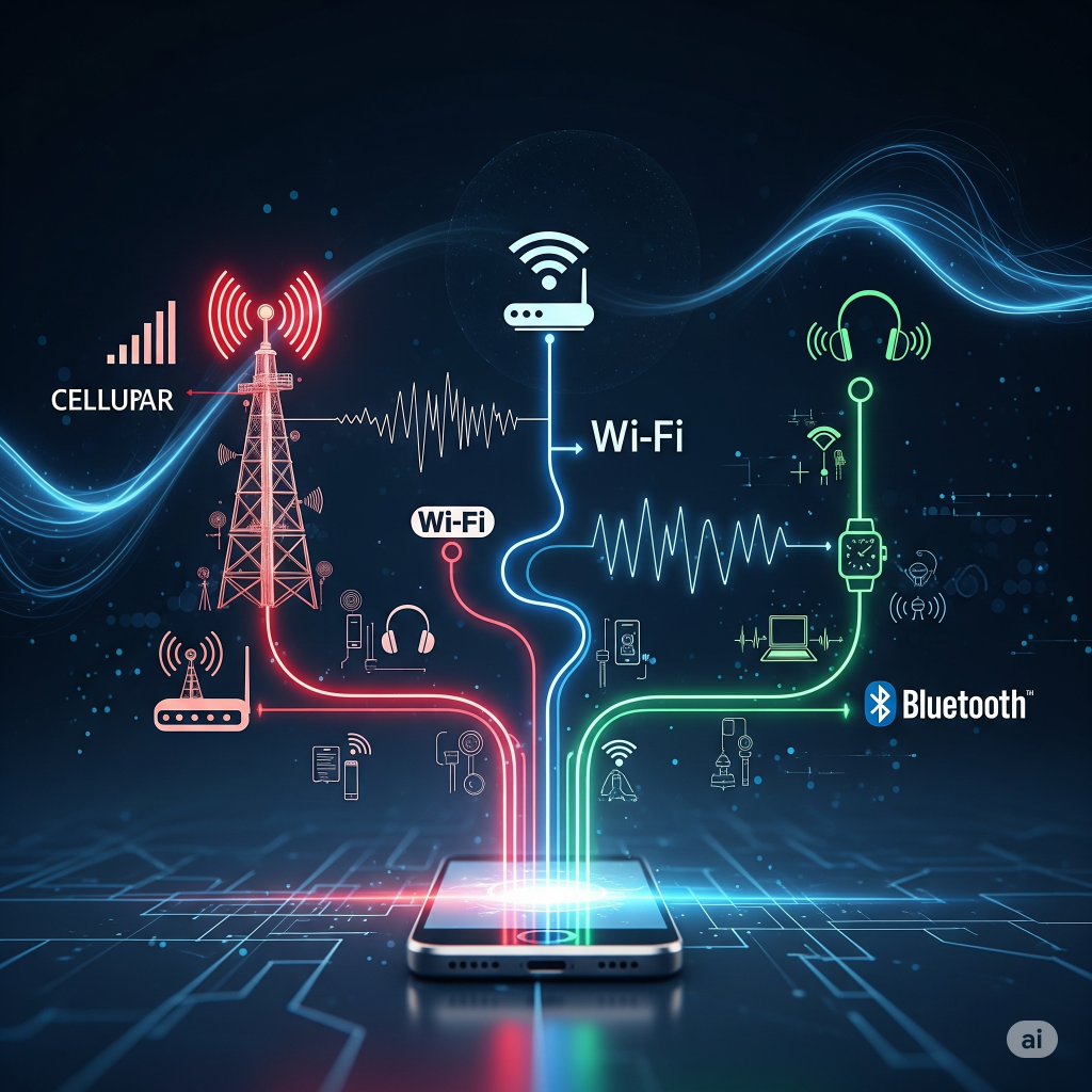 A dynamic visual of a smartphone at the bottom, emitting three colored lines. A red line leads to a cellular tower, a blue line goes to a Wi-Fi router and a green line connects to Bluetooth devices like headphones and a watch, illustrating the different network connections.