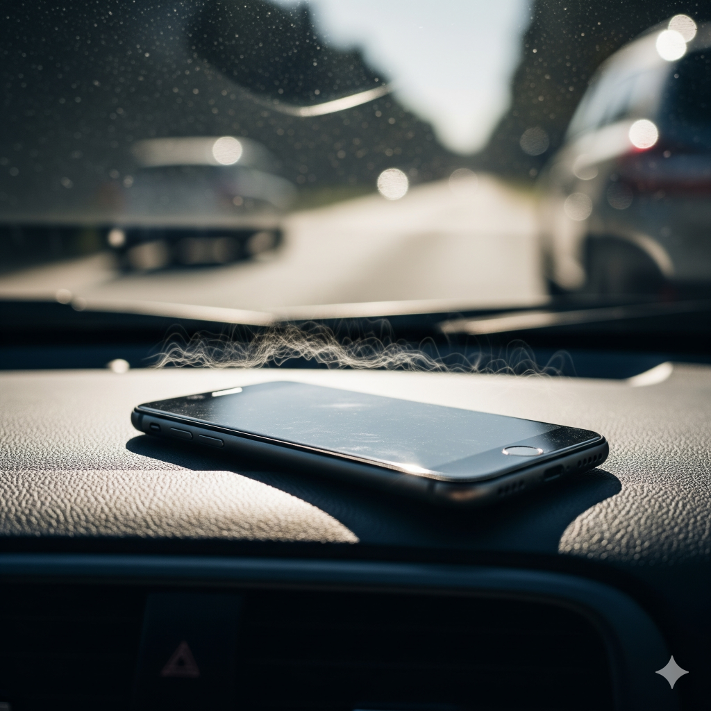 Mobile Overheating Solutions: A Comprehensive Guide to Cooling Down Your Phone 2 .A smartphone sitting on a car dashboard under direct sunlight, with visible heat waves, representing environmental causes of overheating.