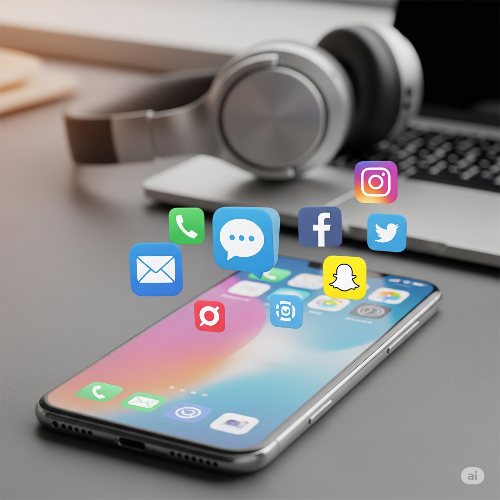 A modern smartphone with various notification icons, including messages, social media, and email symbols, floating around the screen. A pair of headphones and a laptop are in the blurred background.