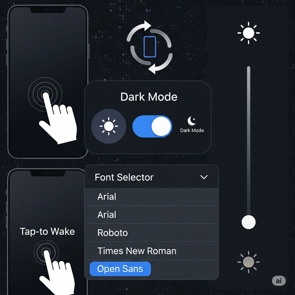 Collage of icons representing dark mode, custom fonts, double tap gestures, screen rotation, and auto brightness features.