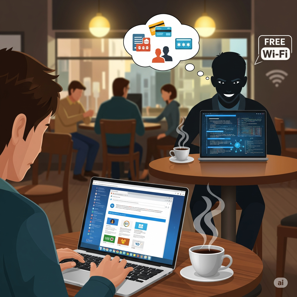 Cartoon illustration of a person using a laptop on public Wi-Fi, unaware of a shadowy figure (hacker) nearby thinking about stealing their personal information.