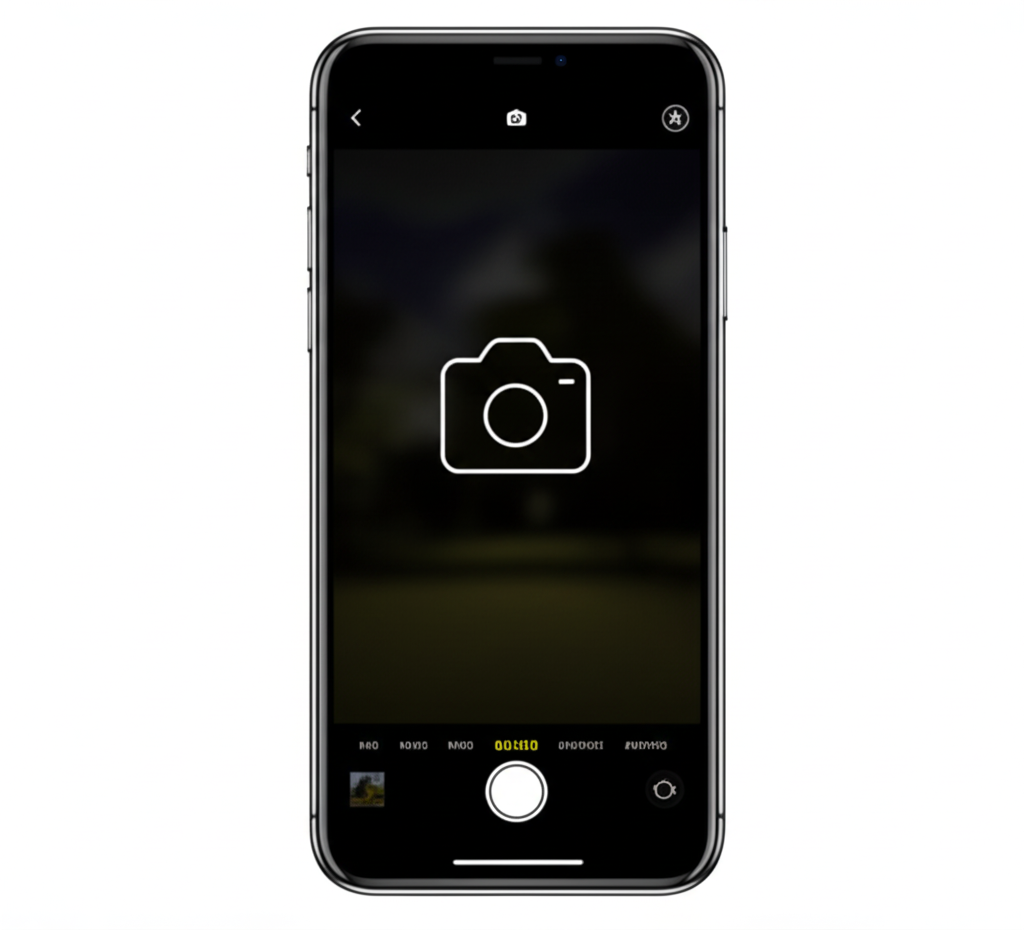 An iPhone camera interface on a screen showing a dark, low-light scene of a mountain under a starry night sky, with a bright orange light on the ground. The image represents the phone's night mode setting.