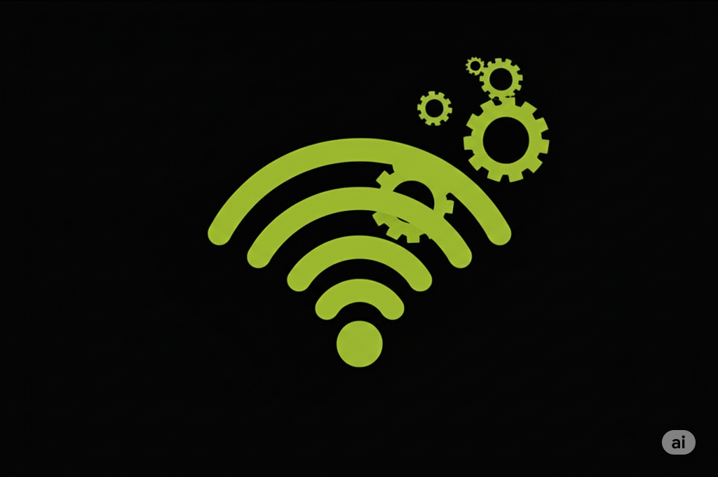 A stylized green Wi-Fi signal icon with several gears rotating above it, symbolizing the optimization and advanced control of network settings.