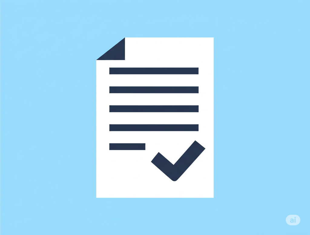 A white sheet of paper with lines of text and a large, dark blue checkmark, symbolizing the setup and confirmation of emergency and system settings.