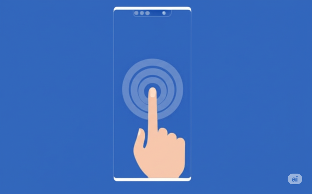 A finger tapping the screen of a smartphone with circular ripples emanating from the point of contact, illustrating gesture controls and quick tap features.