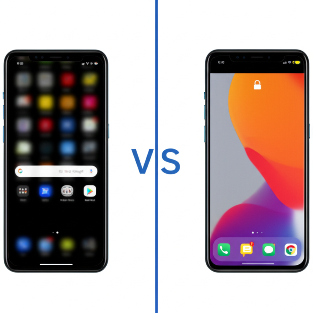A side-by-side comparison of two smartphones, one showing a blurred Android home screen and the other a blurred iPhone home screen, representing the two major mobile operating systems.