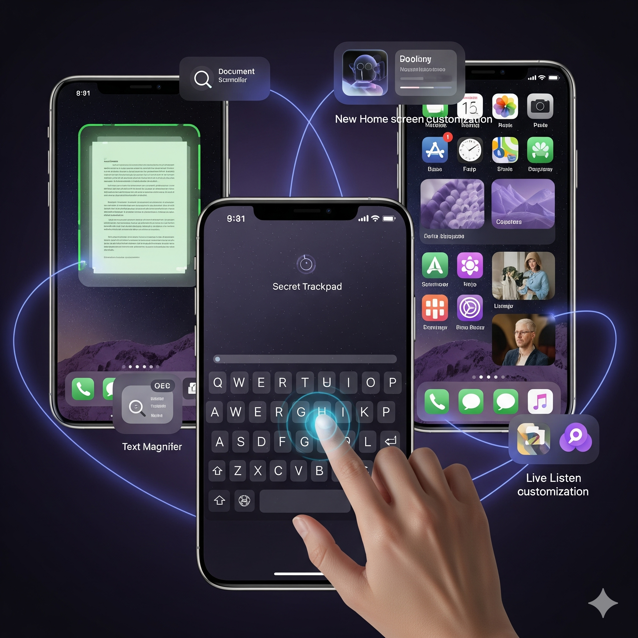 A composite image of an iPhone screen showcasing multiple hidden and new features. The center of the image shows a hand using the on-screen keyboard to activate the secret trackpad for cursor control. To the left, a smaller screen section displays the document scanning feature in the Notes app. To the right, another section shows a customizable home screen with freely placed apps and widgets. The image also includes smaller labels for other features like Text Magnifier and Live Listen.