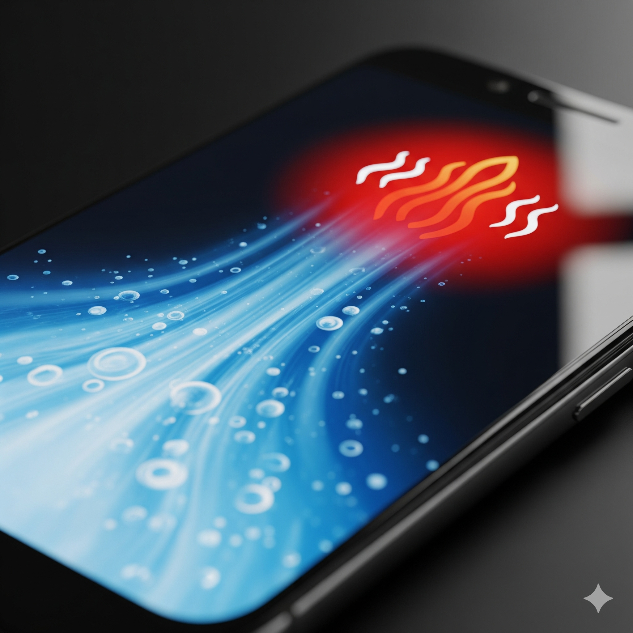 A close-up of a smartphone screen with a red heat icon on the top right and a cool, blue visual effect covering the lower part of the screen, representing the problem and solution