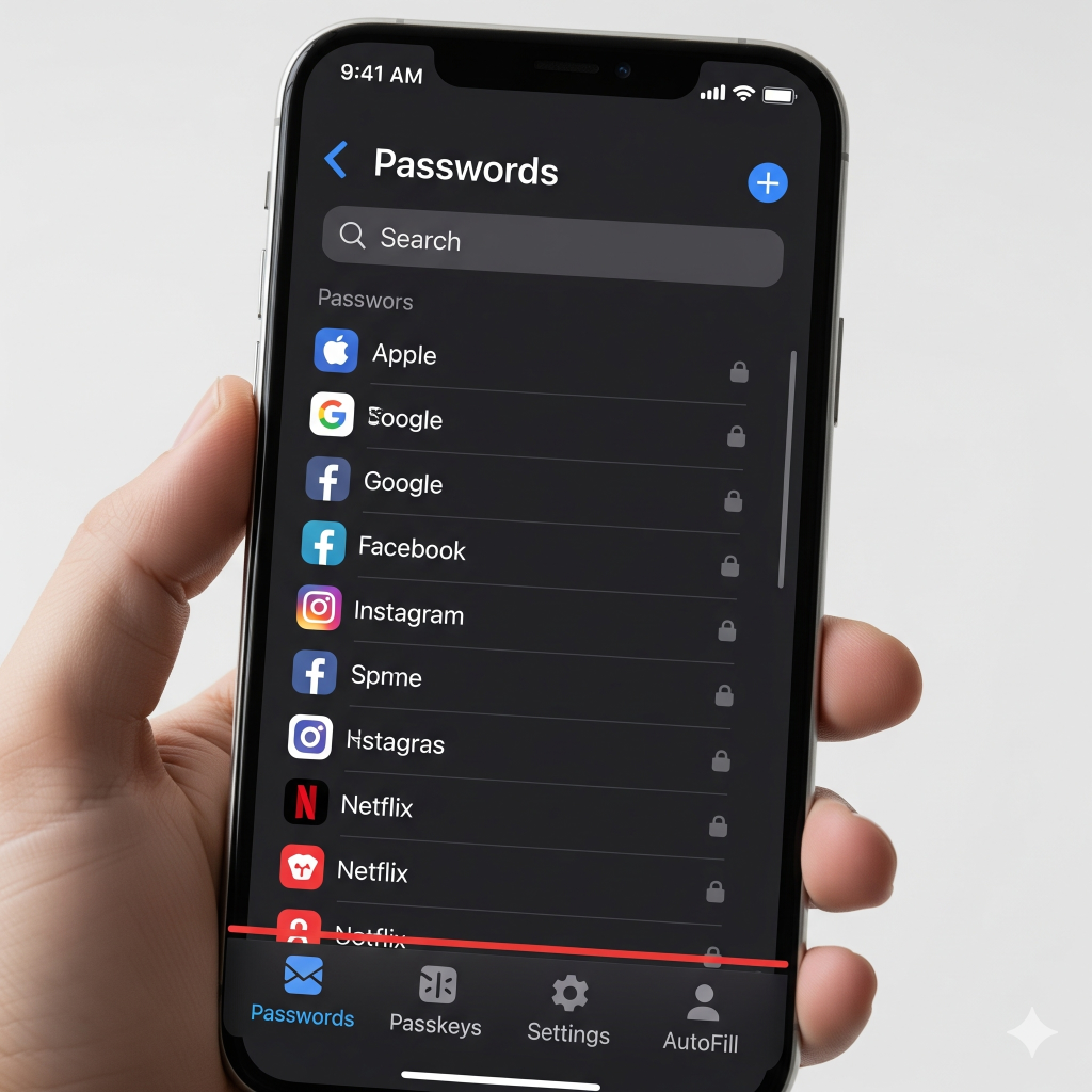 iPhone Hidden Features 2025: The Ultimate Guide to Unlocking Your iPhone's Full Potential 5 A user interface screenshot of the new Passwords app in iOS 18, showing a centralized list of saved passwords and login information.
