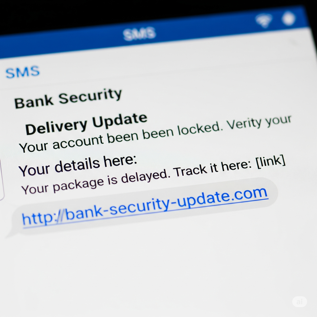 Close-up of a smartphone screen displaying a fake bank security text message with a suspicious link.