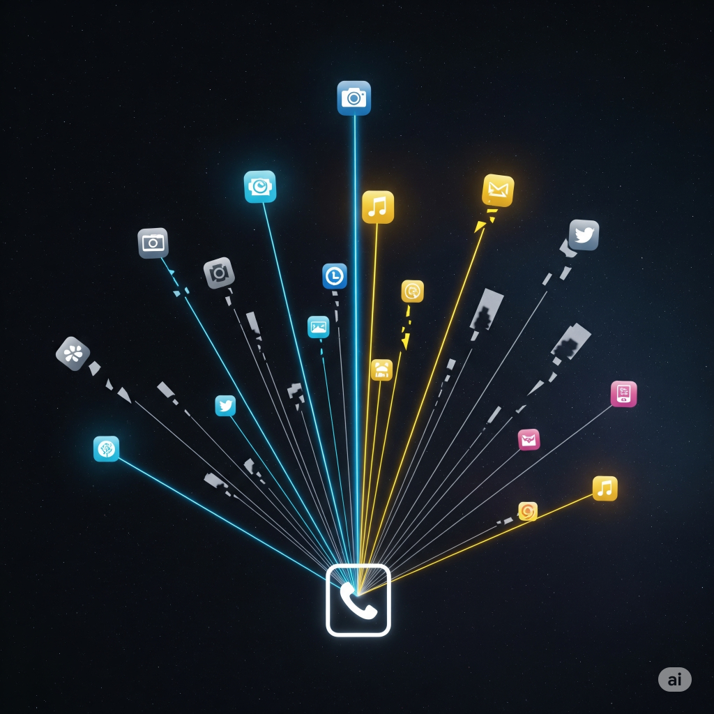 An abstract, conceptual image showing a central phone icon with lines of varying brightness extending to different app icons. Thicker, brighter lines lead to frequently used apps, while thin, dim lines lead to rarely used apps, visualizing the "intelligent" prioritization of the adaptive battery feature.