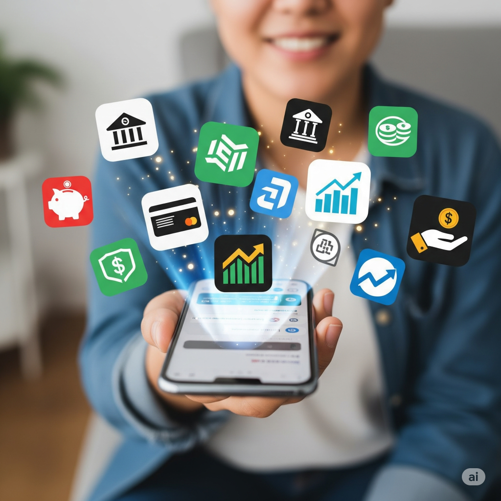 Person happily holding a smartphone surrounded by icons of money-making apps.