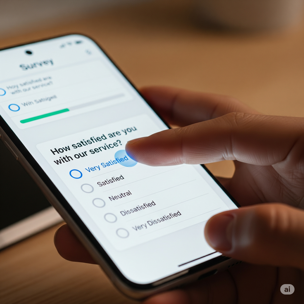  Finger tapping on a smartphone displaying survey questions on an app.