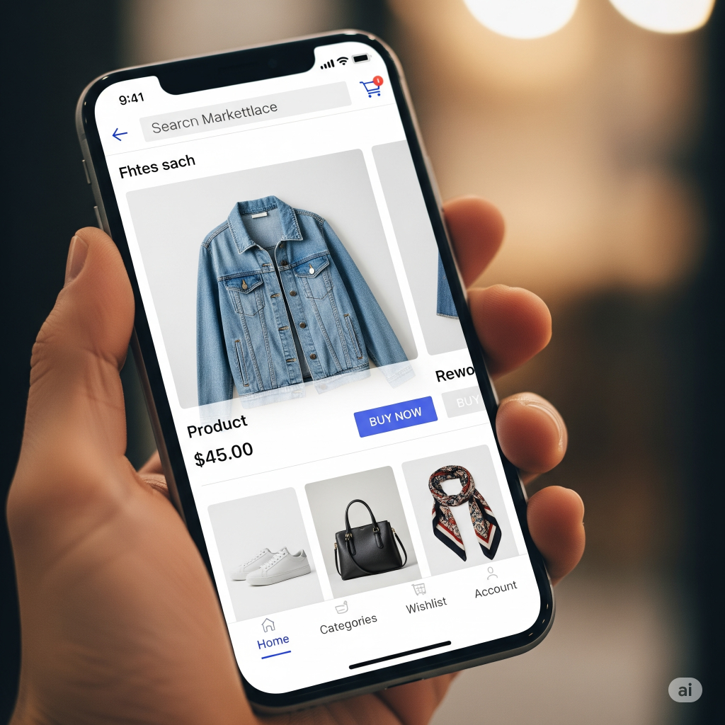 Smartphone showing listings of items for sale on a resale marketplace app.